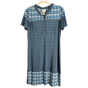 JM Collection Blue Geometric Print Shift Dress short sleeve US Size 6 medium